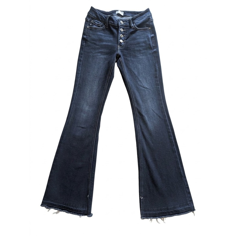KanCan High Rise Button Fly Flare Jeans Dark Wash Raw Hem KC7338LD Size 3/25